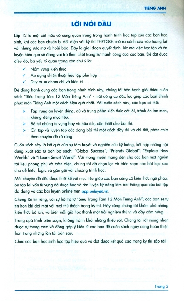 SIÊU TRỌNG TÂM MÔN ANH LỚP 12 (Lý thuyết, dạng bài và bài tập chi tiết - Phù hợp cho cả 4 bộ SGK hiện hành)